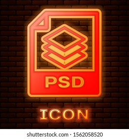 Glowing neon PSD file document. Download psd button icon isolated on brick wall background. PSD file symbol.  Vector Illustration