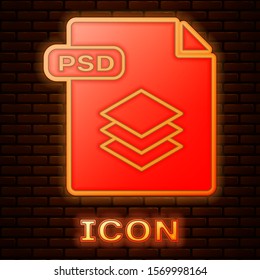 Glowing neon PSD file document. Download psd button icon isolated on brick wall background. PSD file symbol.  Vector Illustration