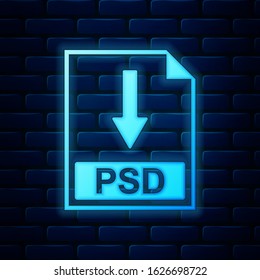 Glowing neon PSD file document icon. Download PSD button icon isolated on brick wall background.  Vector Illustration