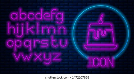 Glowing neon Pudding custard with caramel glaze icon isolated on brick wall background. Neon light alphabet. Vector Illustration