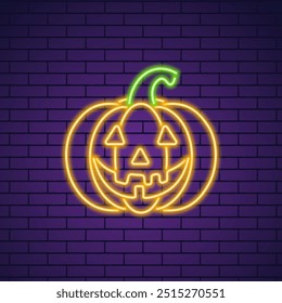 Glowing neon pumpkin for Halloween, radiating a vibrant yellow hue. This eye catching design element adds a festive and spooky touch to Halloween decorations, greeting cards, social media posts.