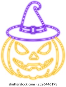 Abóbora de néon brilhante em chapéu de bruxa para Halloween, irradiando uma tonalidade amarela vibrante. Este elemento de design adiciona um toque festivo e assustador para decorações de Halloween, cartões de saudação, posts de mídia social.