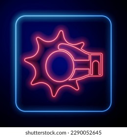 Glowing neon Punch in boxing glove icon isolated on black background. Boxing gloves hitting together with explosive.  Vector