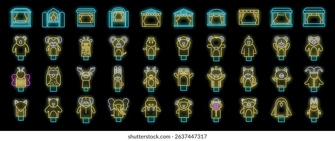 Glowing neon puppet show stages and adorable animal finger puppets create a playful and whimsical scene