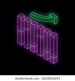 Glowing neon purple bars representing positive growth with green arrow pointing up on black background