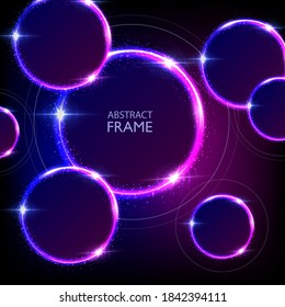 Glowing neon purple and blue circles abstract background. Round lines with electric light frames. Square geometric fashion design vector illustration. Empty minimal rings decoration.