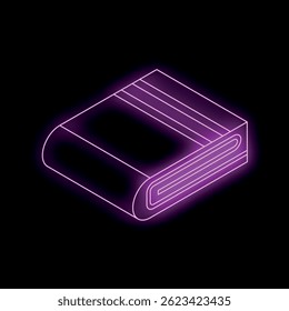 Glowing neon purple book icon graphic is set on a black background