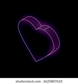 Glowing neon purple heart shape with isometric perspective is depicted on a black background, perfect for romantic or celebratory designs