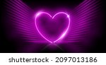 Glowing neon purple heart with wings and sparkles in fog abstract background. Electric light frame. Geometric fashion design vector illustration. Empty minimal abstract art decoration.