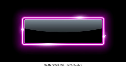 Glowing neon purple light frame with sparkles in black background. Electric led abstract banner. Geometric fashion design vector illustration. Empty minimal art decoration.