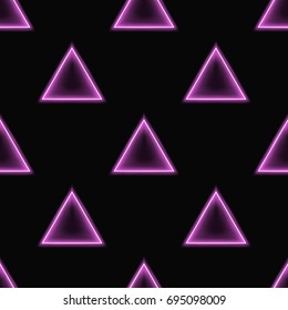 Glowing neon purple triangles on dark background.  Seamless pattern. Mesh gradient objects. Vector illustration.