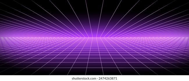 Glowing neon purple wireframe background. Shining checkered grid planes in perspective. Bright retro futuristic horizon wallpaper. Arcade game sci fi matrix surface. Vector backdrop for poster, banner