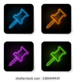 Glowing neon Push pin icon isolated on white background. Thumbtacks sign. Black square button. Vector Illustration