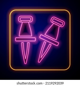 Glowing neon Push pin icon isolated on black background. Thumbtacks sign.  Vector