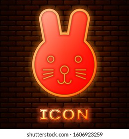 Glowing neon Rabbit zodiac sign icon isolated on brick wall background. Astrological horoscope collection.  Vector Illustration