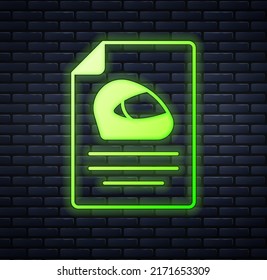 Glowing neon Racing helmet icon isolated on brick wall background. Extreme sport. Sport equipment.  Vector