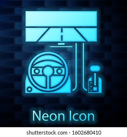 Glowing neon Racing simulator cockpit icon isolated on brick wall background. Gaming accessory. Gadget for driving simulation game.  Vector Illustration