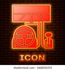Glowing neon Racing simulator cockpit icon isolated on brick wall background. Gaming accessory. Gadget for driving simulation game.  Vector Illustration