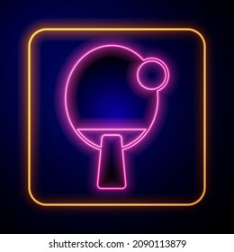 Glowing neon Racket for playing table tennis icon isolated on black background.  Vector