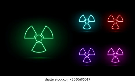 Glowing neon radiation signs set. Symbols of radioactivity in different colors. Green blue, pirple, red, pink radioactive icon. Vector illustration