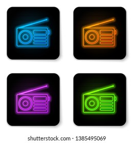 Glowing neon Radio with antenna icon isolated on white background. Black square button. Vector Illustration