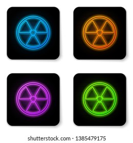 Glowing neon Radioactive icon isolated on white background. Radioactive toxic symbol. Radiation Hazard sign. Black square button. Vector Illustration