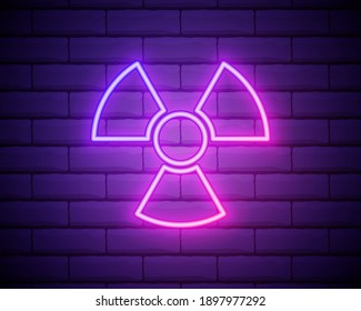 Glowing neon Radioactive icon isolated on brick wall background. Radioactive toxic symbol. Radiation Hazard sign. Vector Illustration.