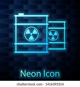 Glowing neon Radioactive waste in barrel line icon isolated on brick wall background. Toxic refuse keg. Radioactive garbage emissions, environmental pollution. Vector Illustration