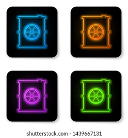 Glowing neon Radioactive waste in barrel icon isolated on white background. Toxic refuse keg. Radioactive garbage emissions, environmental pollution. Black square button. Vector Illustration
