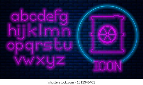 Glowing neon Radioactive waste in barrel icon isolated on brick wall background. Toxic refuse keg. Radioactive garbage emissions, environmental pollution. Neon light alphabet. Vector Illustration