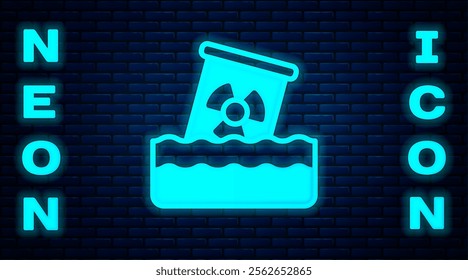 Glowing neon Radioactive waste in barrel icon isolated on brick wall background. Toxic waste contamination on water. Environmental pollution.  Vector