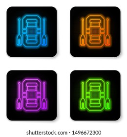 Glowing neon Rafting boat icon isolated on white background. Inflatable boat with oars. Water sports, extreme sports, holiday, vacation, team building. Black square button. Vector Illustration
