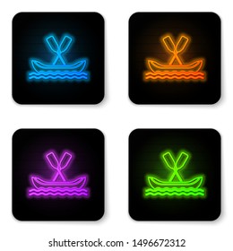 Glowing neon Rafting boat icon isolated on white background. Kayak with paddles. Water sports, extreme sports, holiday, vacation, team building. Black square button. Vector Illustration