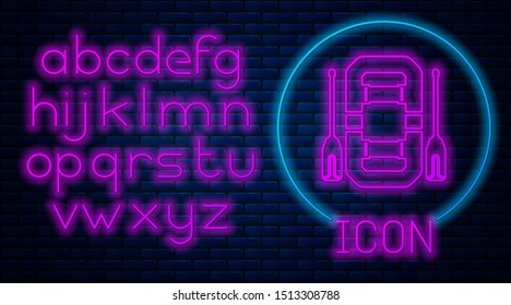 Glowing neon Rafting boat icon isolated on brick wall background. Inflatable boat with oars. Water sports, extreme sports, holiday, vacation, team building. Neon light alphabet. Vector Illustration