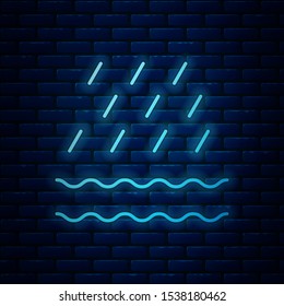 Glowing neon Rain and waves icon isolated on brick wall background. Rain cloud precipitation with rain drops.  Vector Illustration