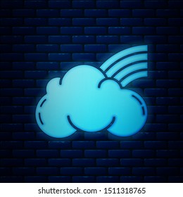 Glowing neon Rainbow with clouds icon isolated on brick wall background.  Vector Illustration