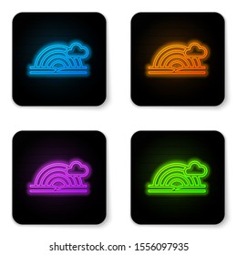 Glowing neon Rainbow with clouds icon isolated on white background. Black square button. Vector Illustration