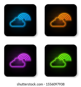 Glowing neon Rainbow with clouds icon isolated on white background. Black square button. Vector Illustration
