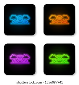 Glowing neon Rainbow with clouds icon isolated on white background. Black square button. Vector Illustration