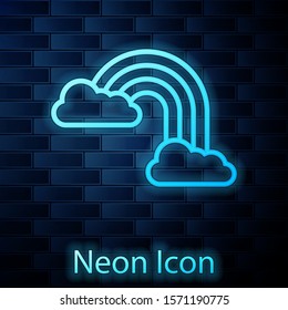 Glowing neon Rainbow with clouds icon isolated on brick wall background.  Vector Illustration