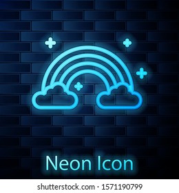 Glowing neon Rainbow with clouds icon isolated on brick wall background.  Vector Illustration