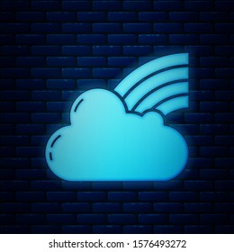 Glowing neon Rainbow with clouds icon isolated on brick wall background.  Vector Illustration
