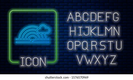 Glowing neon Rainbow with clouds icon isolated on brick wall background. Neon light alphabet. Vector Illustration