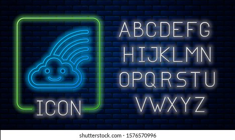 Glowing neon Rainbow with clouds icon isolated on brick wall background. Neon light alphabet. Vector Illustration