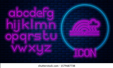 Glowing neon Rainbow with clouds icon isolated on brick wall background. Neon light alphabet. Vector Illustration