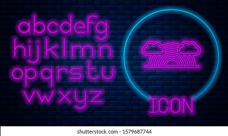 Glowing neon Rainbow with clouds icon isolated on brick wall background. Neon light alphabet. Vector Illustration