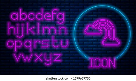 Glowing neon Rainbow with clouds icon isolated on brick wall background. Neon light alphabet. Vector Illustration