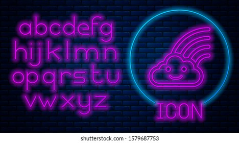 Glowing neon Rainbow with clouds icon isolated on brick wall background. Neon light alphabet. Vector Illustration