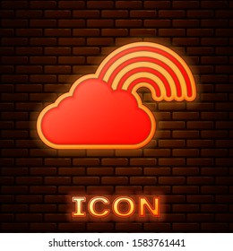 Glowing neon Rainbow with clouds icon isolated on brick wall background.  Vector Illustration