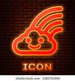 Glowing neon Rainbow with clouds icon isolated on brick wall background.  Vector Illustration